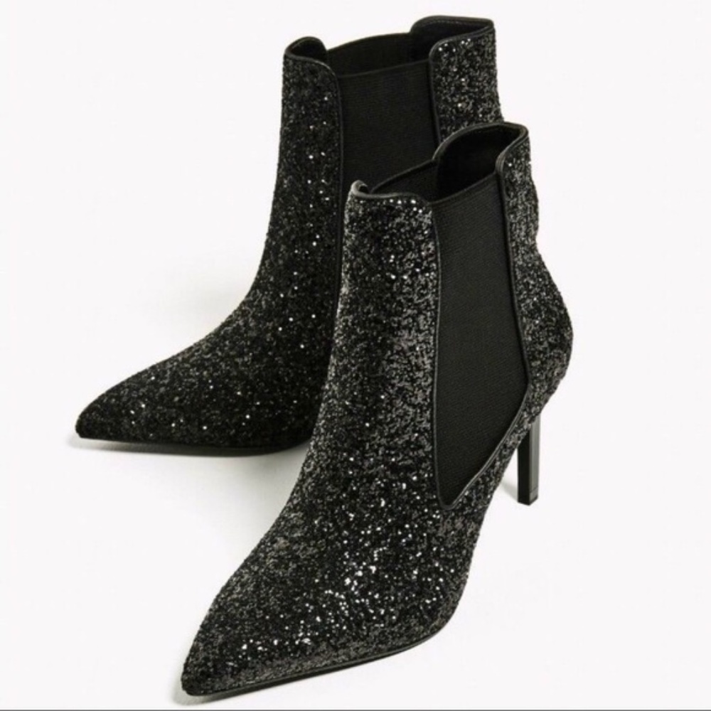 Zara Trafaluc Meteor Black Glitter Heel Booties 37